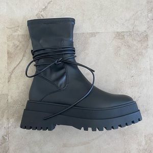 Public Desire Wide Fit Finale chunky flat ankle boots with tie in black